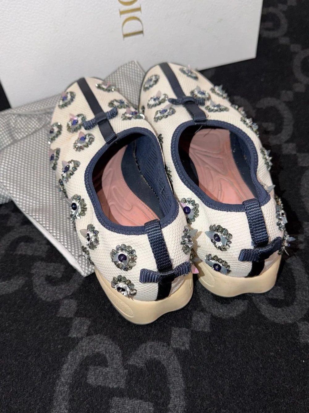 Dior Ivory Fusion Slip-On Embellished Sneakers with Navy Trim